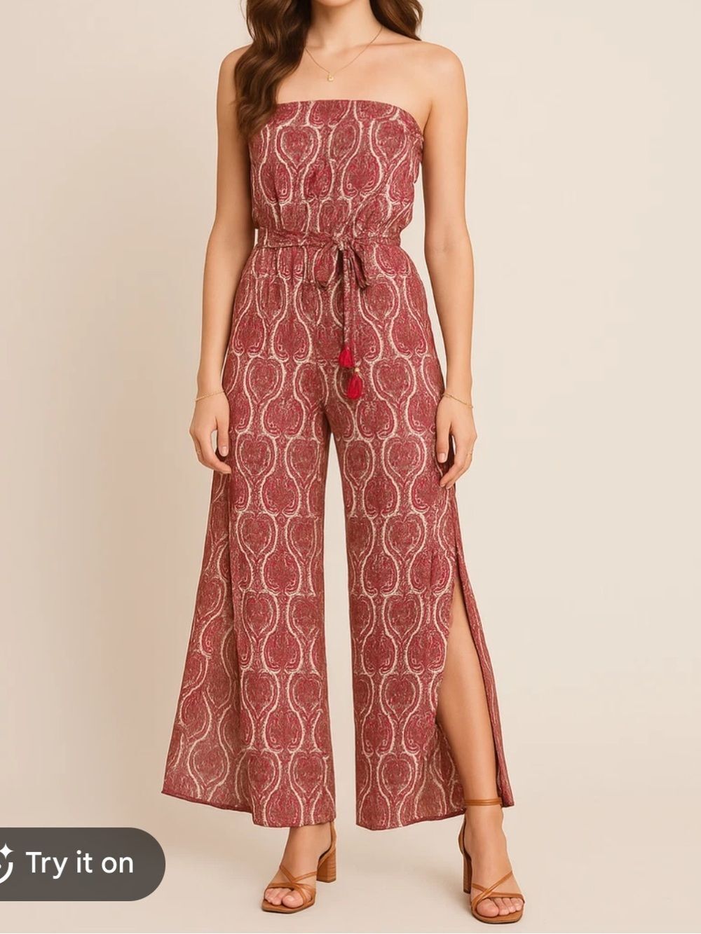 Elan Rust Cream Paisley Strapless Wide Leg Jumpsuit S Boho Resort